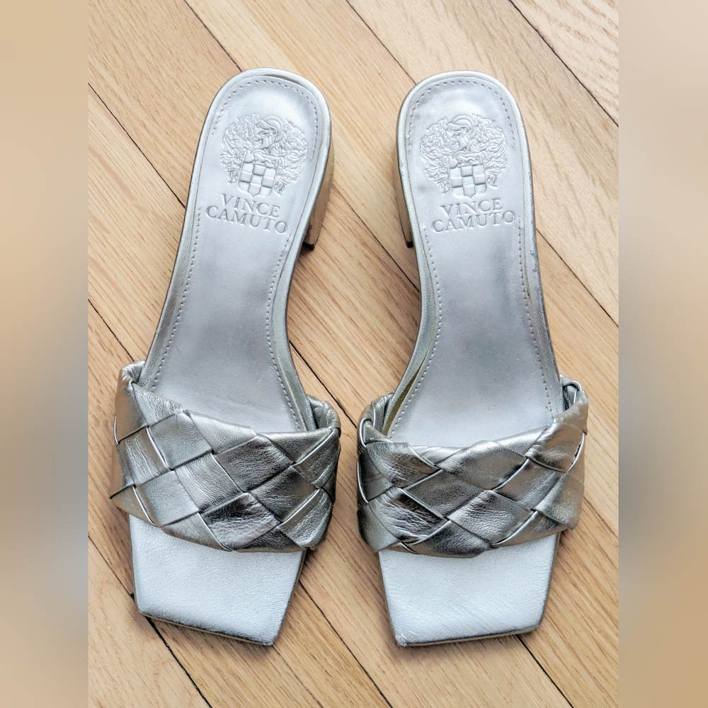 Vince Camuto Silver Metallic Block Heel Slip On Sandals
